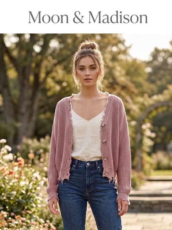 moon & madison Sweaters - moon & madison Pink Distressed Knit Button Cardigan